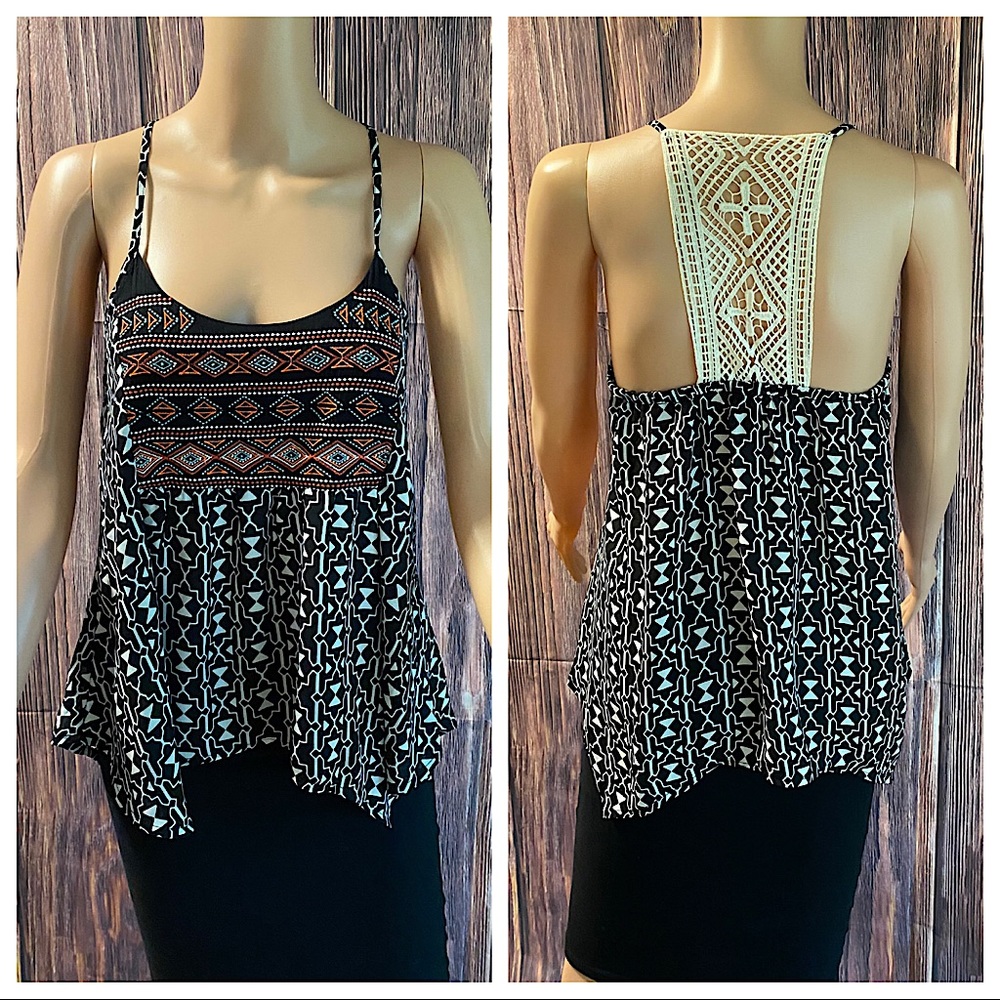 Takara sz small black white pink boho tribal print pattern lace tank top
